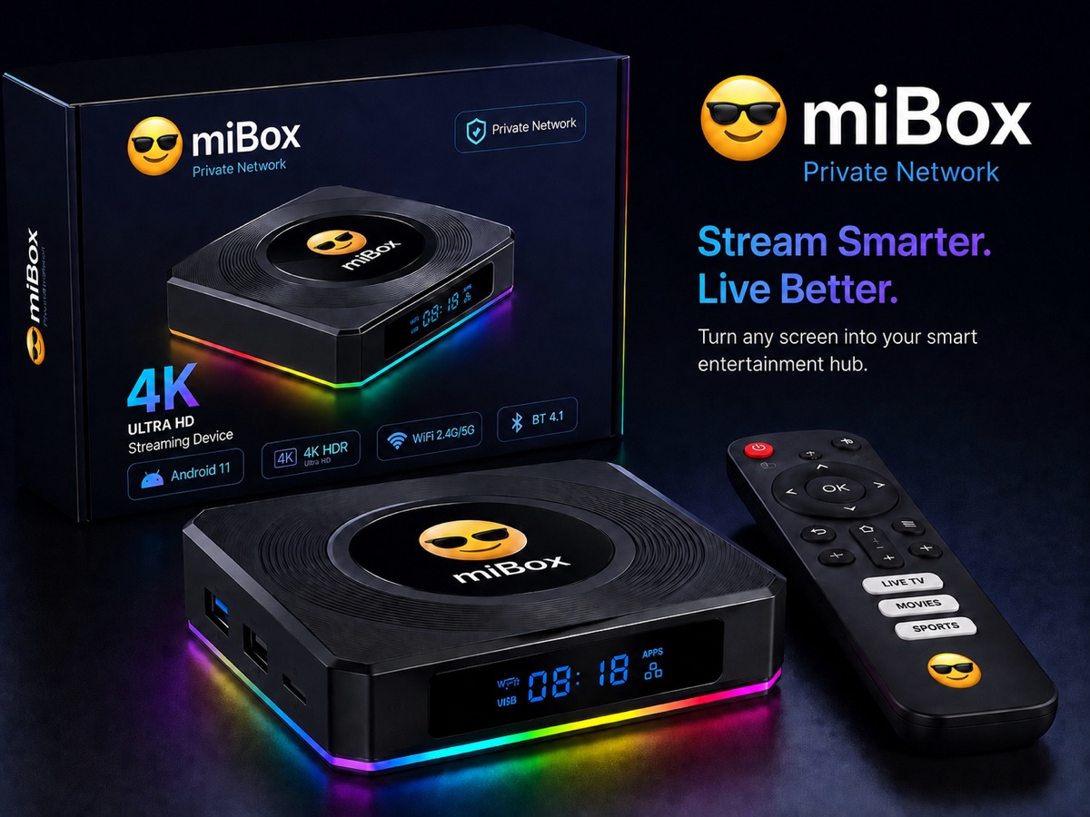miBox EmojiTV 4K streaming box with its remote and retail box